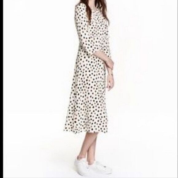 H&M Cleft Open Back Polka Dot White Black and Brown Open Back Midi Dress 4 - Picture 13 of 13